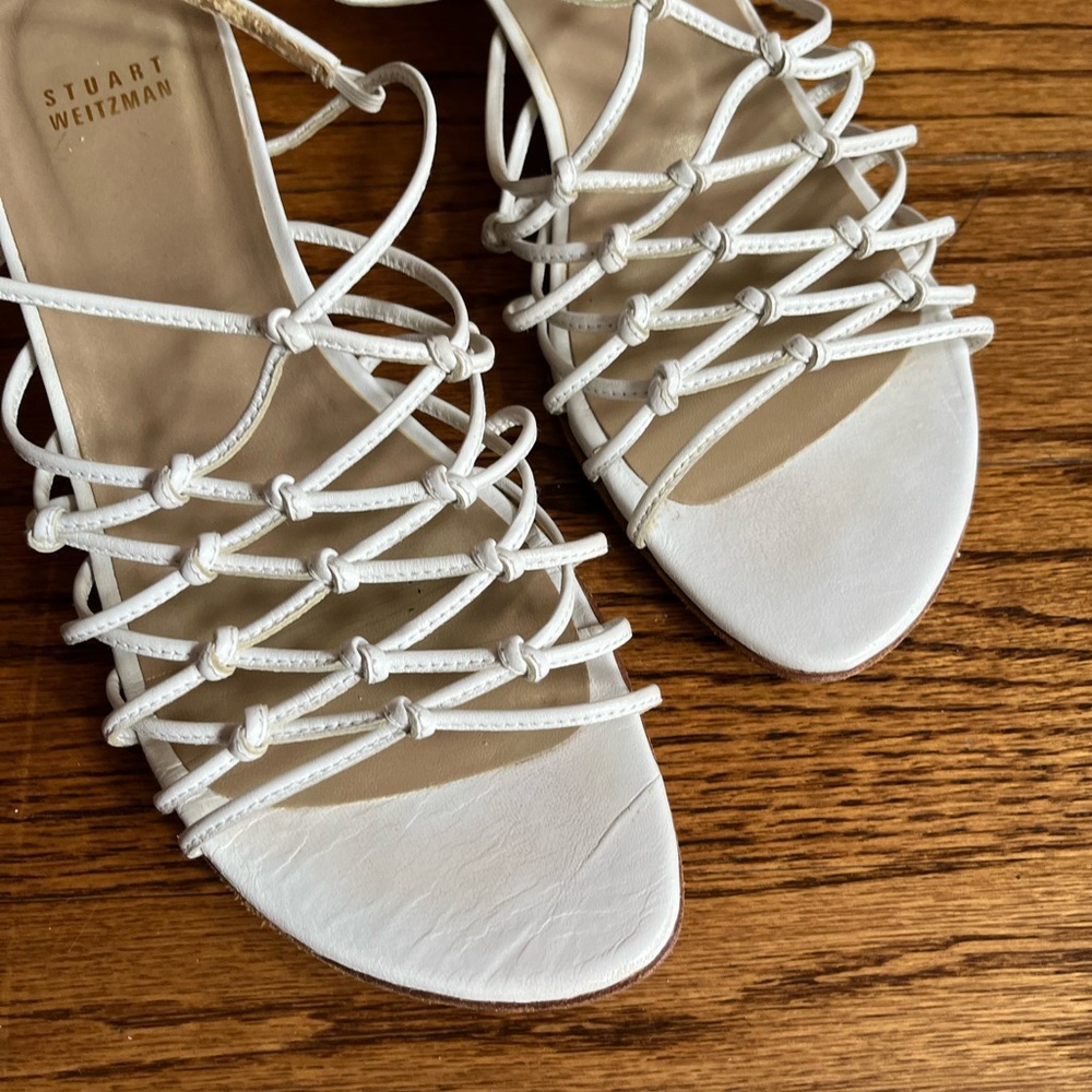 Stuart Weitzman Leather Knotted Cage Sandals, White, 7W - Picture 4 of 10
